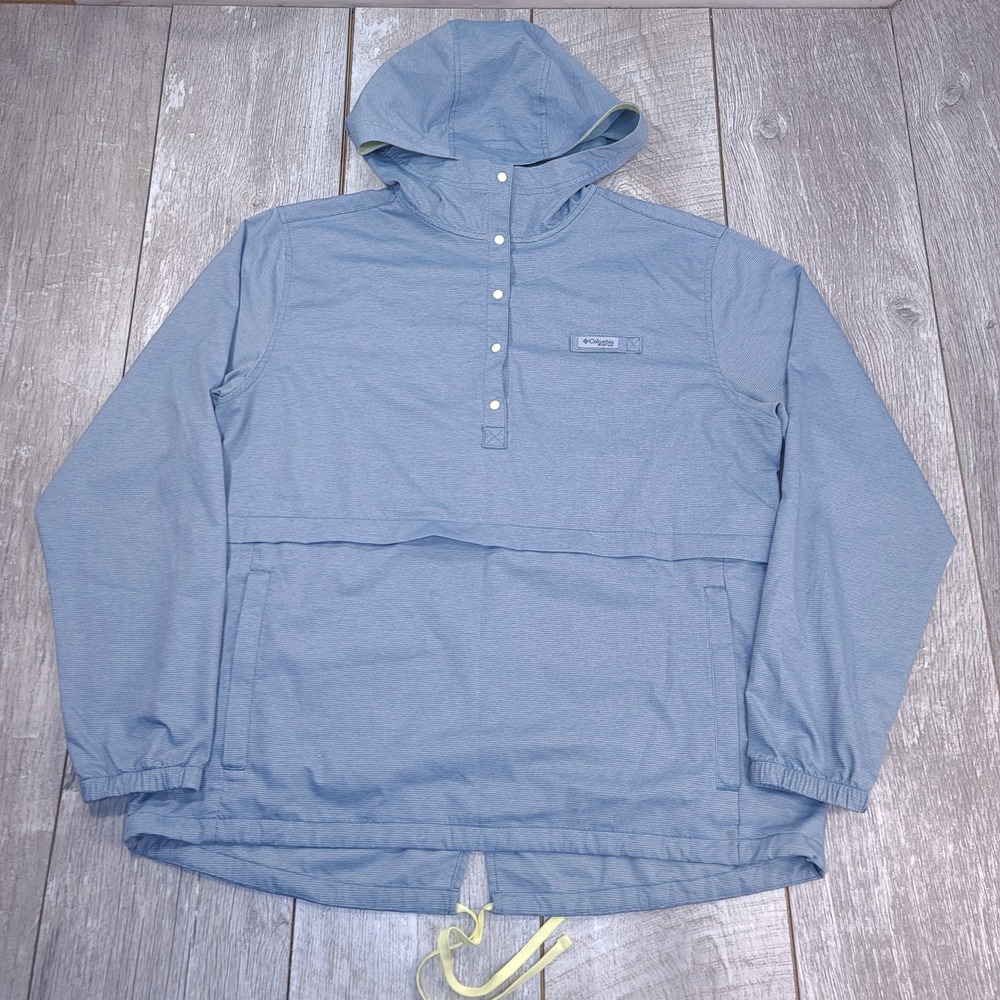 Columbia PFG Windbreaker Women Size Large Blue Snap Hooded Pullover Anorak
